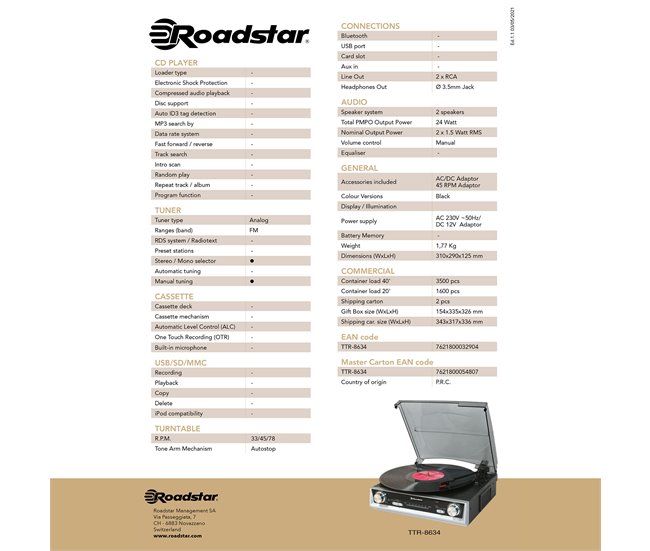 Gira-Discos Roadstar TTR-8634 Preto