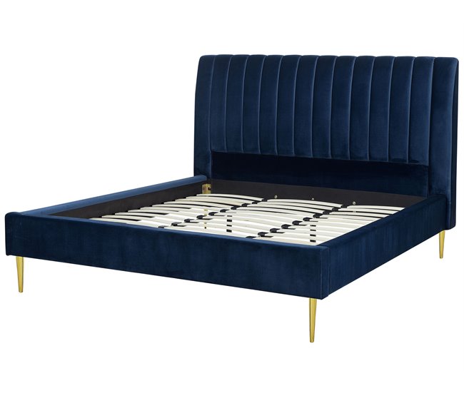 Beliani Cama com estrado Veludo MARVILLE 198x225 Azul Marino