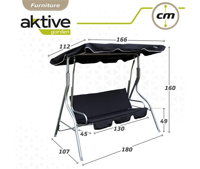 Cadeira de baloiço de jardim preta com capota basculante de 3 lugares Aktive Preto
