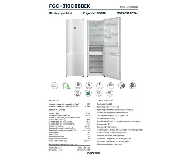 Frigorífico combinado INFINITON FGC-310C88BEK, 310 l Branco