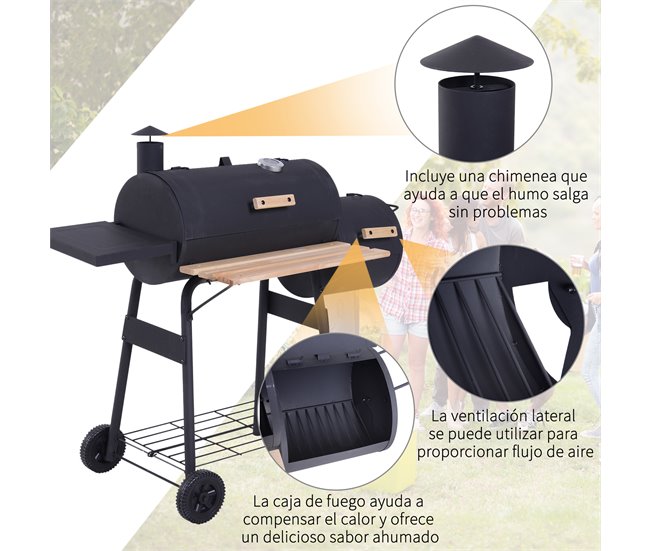 Barbecue a Carvão Aço laminado a frio e madeira Outsunny Preto