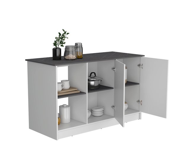 Ilha de cozinha Juniper em melamina com 2 portas e 6 prateleiras Branco