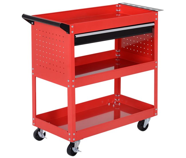 Durhand carrinho de ferramentas carrinho de oficina com 3 bandejas e gaveta rodas com travões pega lateral painel lateral perfurado para garagem mecânica casa 82x35x76 cm vermelho