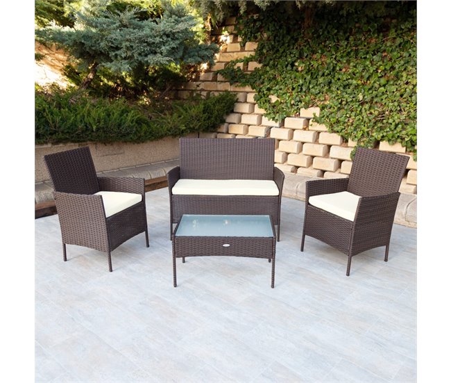 Conjunto de mobiliário de terraço Aktive, poltronas, sofá e mesa de rotim Preto