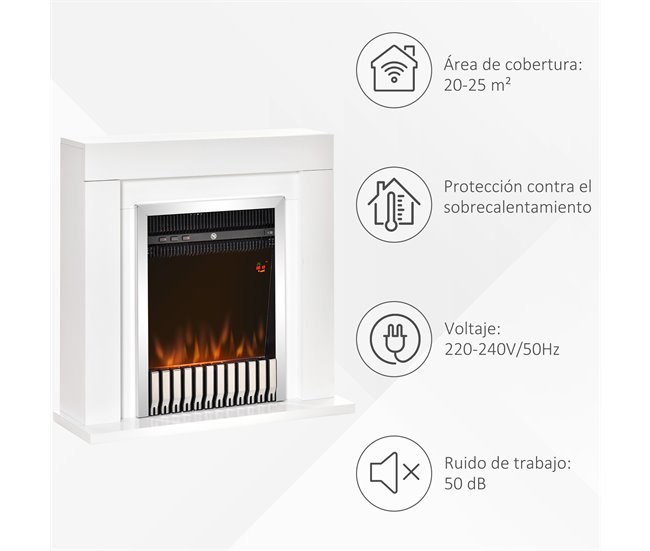 Lareira Elétrica Aço, Vidro Temperado, MDF HOMCOM Branco