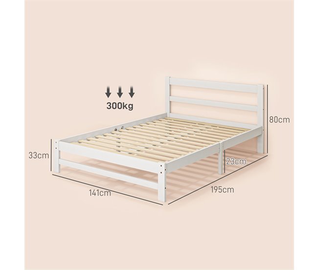 Estrutura de Cama de Casal Madeira de pinho HOMCOM, casa - quarto Branco
