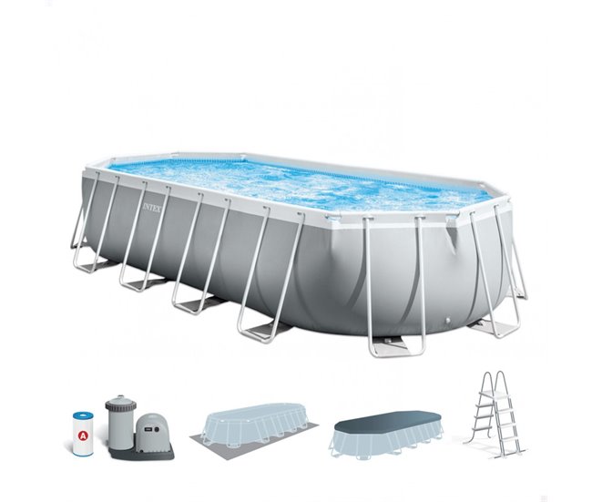 Piscina oval amovível Intex estrutura prisma oval 610x305x122 cm com purificador Cinza