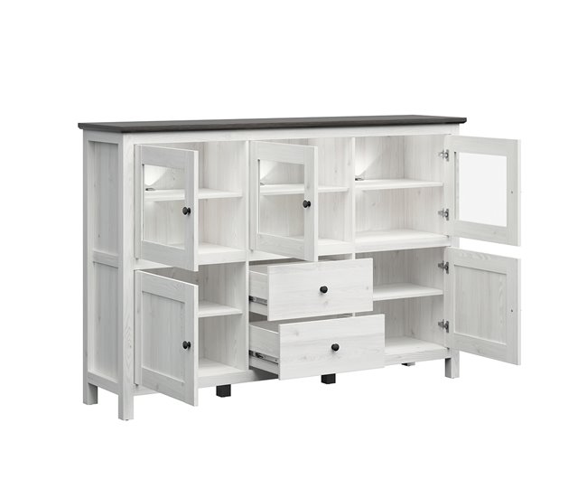 Aparador de 5 portas e 2 gavetas com LED Duck Branco/ Madeira