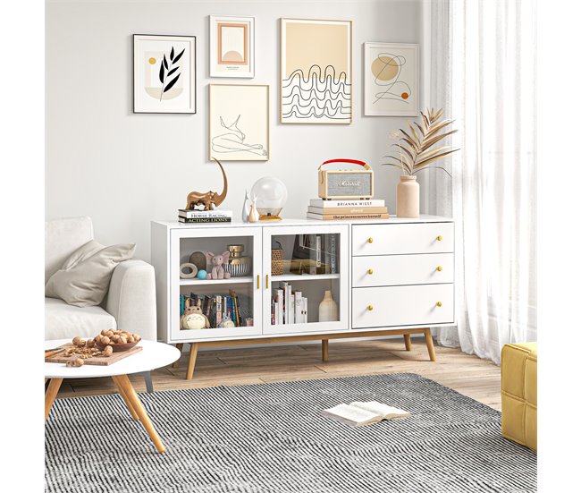 Aparador de Cozinha MDF, Vidro e Madeira de Borracha HOMCOM 160 Branco