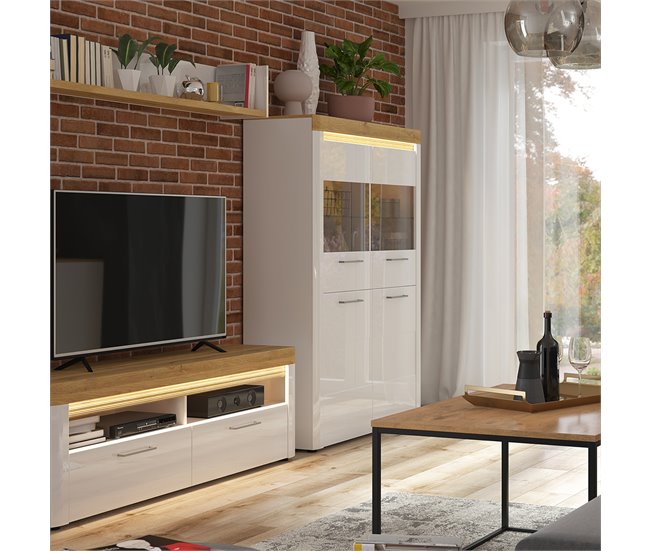 Armário de porcelana LED de 4 portas Nara Madeira