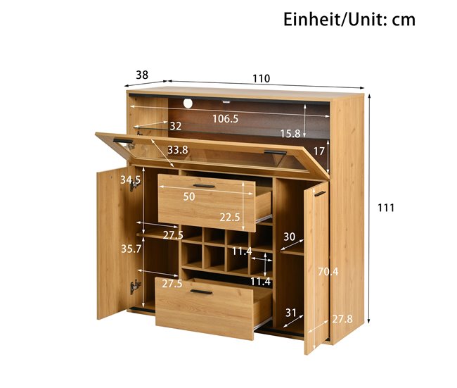 Aparador de painel de partículas com 3 portas e 2 gavetas Natural