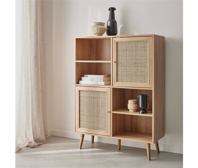 Aparador de arrumação de estilo boémio com efeito cana e madeira, 90 Madeira