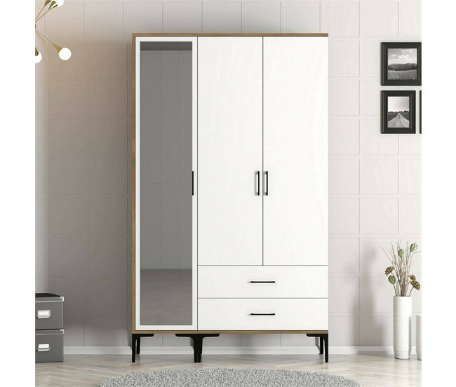 Armário de 3 portas com efeito madeira 120 Branco/ Madeira