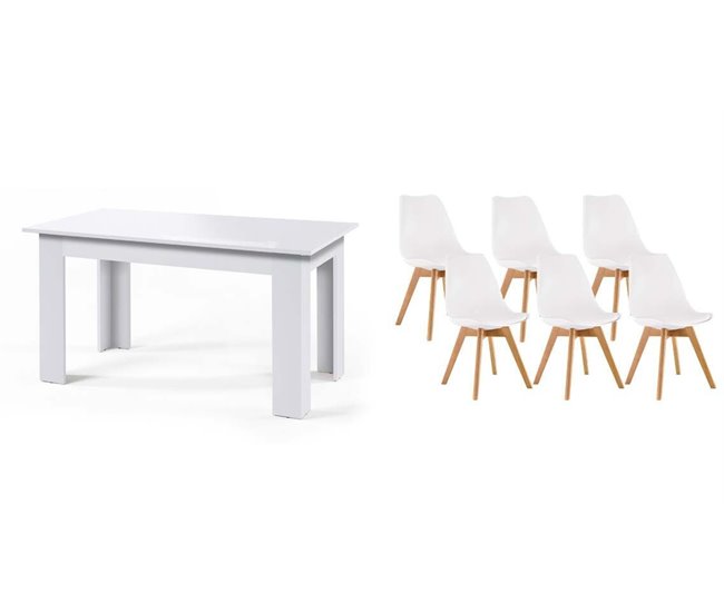 Pack Mesa Fixa de Jantar ou Cozinha + 6 Cadeiras Nórdicas 138x80 Branco