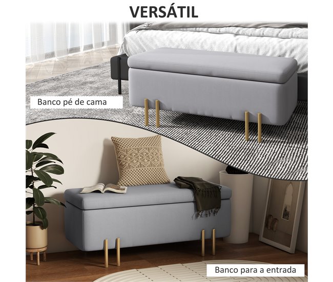 Banco Pé de Cama Madeira de Borracha, Metal e Poliéster HOMCOM Cinza