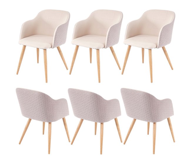 Conjunto de 6 cadeiras para sala de jantar com encosto em favo de mel com braços em tecido bege creme 04_0000805