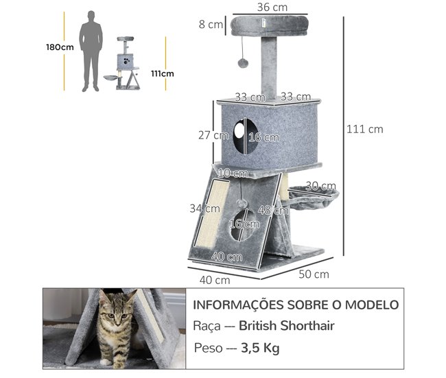 Árvore para Gato Aglomerado, Pelúcia, Tecido de Feltro e Sisal Cinza