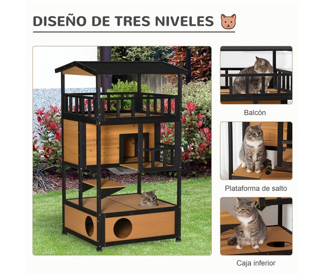 Casa para Gatos de Madeira Madeira de abeto PawHut Castanho