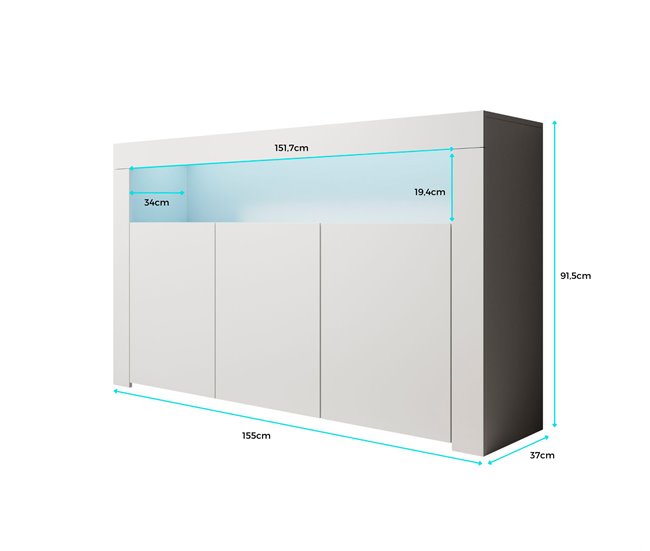 Aparador Sala de estar e jantar 3 portas LED Muebles Bonitos Branco/ Preto