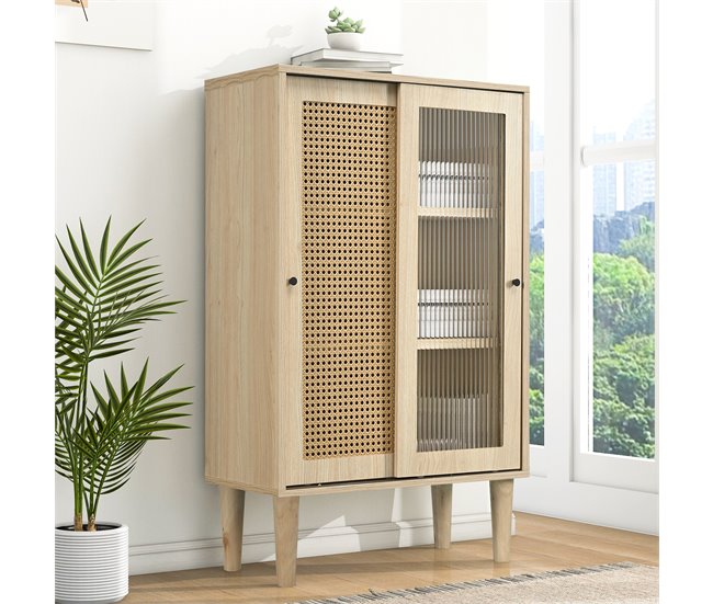 Aparador com efeito madeira e portas em rattan Bege