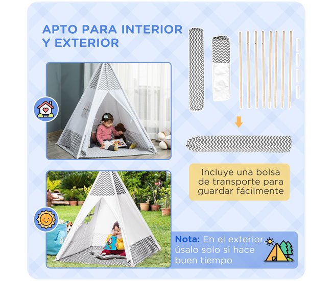 Tenda Tipi Infantil Madeira de Pinho, Poliéster e Algodão HOMCOM Cinza