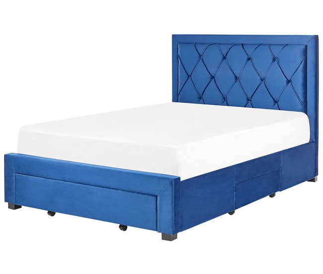 Beliani Cama com armazenamento Veludo LIEVIN 145x217 Azul Marino