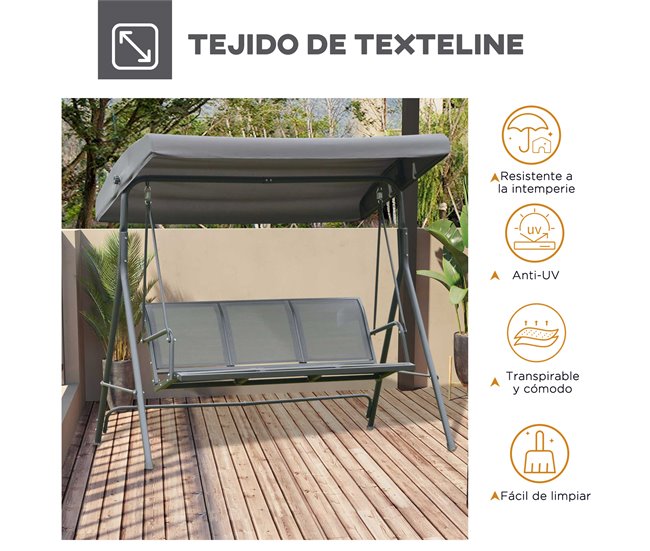 Baloiço de Jardim de 3 Lugares Metal, Poliéster e Têxtilene Cinza