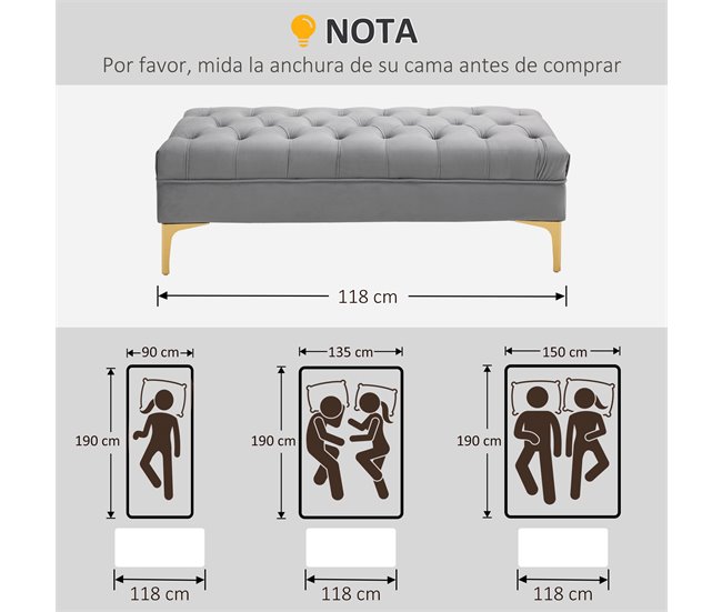 Banco de Pé de Cama Poliéster, espuma e metal HOMCOM Cinza