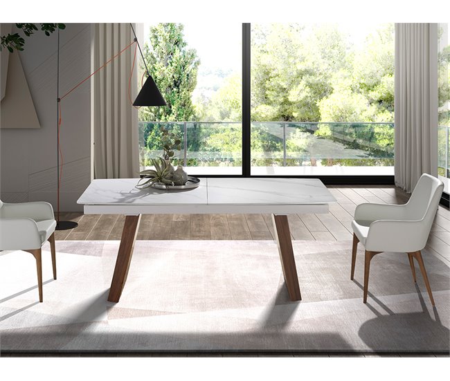 ANGEL CERDA Mesa de jantar extensível barril oval mármore porcelânico e nogueira 230x90 Nogal