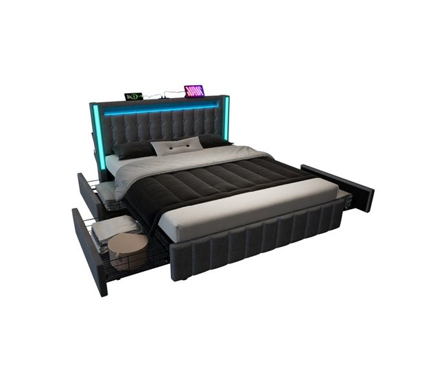 Cama de casal de linho com 4 gavetas 169x209