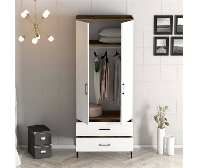 Armário 2 portas com efeito madeira 80 Branco/ Madeira