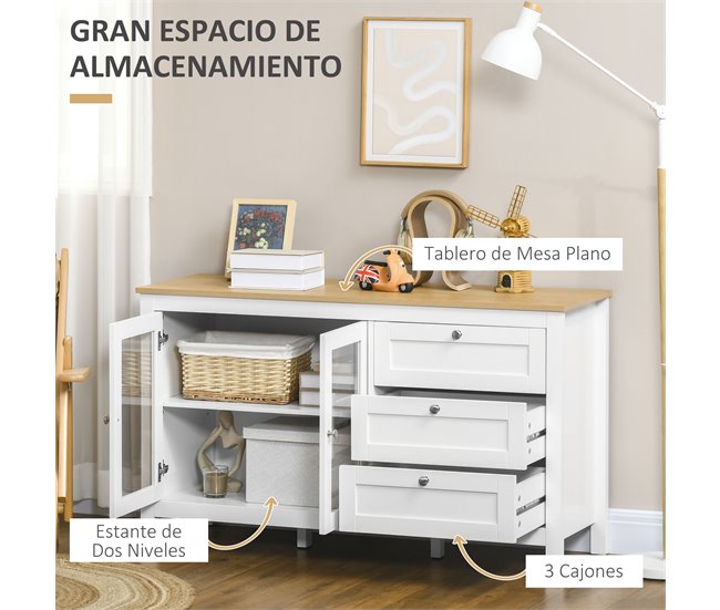 Aparador MDF, Painel de Partículas e Vidro HOMCOM 120 Branco