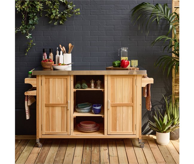 Cozinha exterior em madeira de abeto de 130 cm com pegas, 4 rodas 147 Madeira