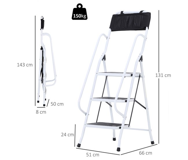 Escada Dobrável Aço, PP, PVC e EVA HOMCOM Branco