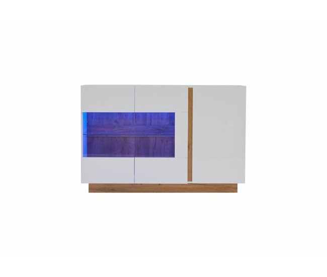 Aparador com vidro, 3 portas e iluminação LED Branco