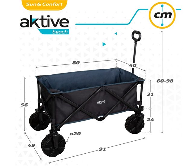 Carrinho de praia c/rodas de areia especial com 50 kg de carga Aktive Preto