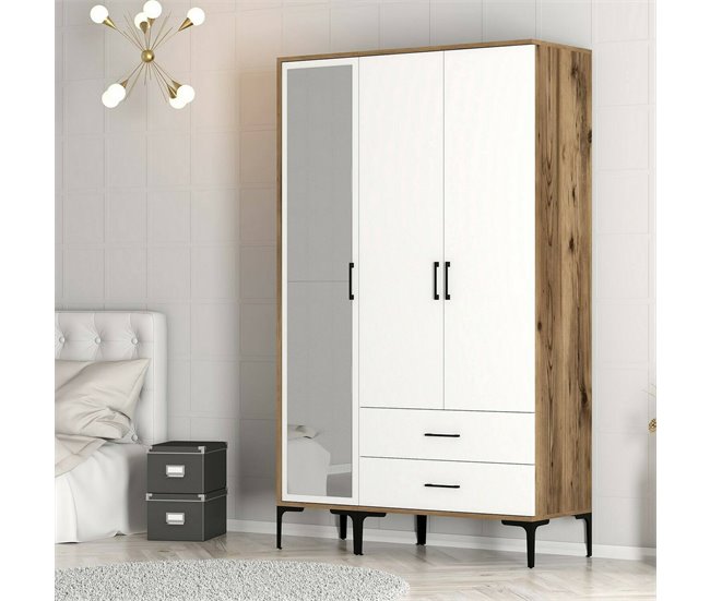 Armário de 3 portas com efeito madeira 120 Branco/ Madeira