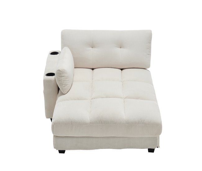 Sofá cama individual estofado em tecido de veludo cotelê bege com portas usb e type-c, encosto ajustável em 4 posições, porta-copos, bolso lateral e braço reversível, estrutura de madeira e pés de plástico, design moderno e confortável