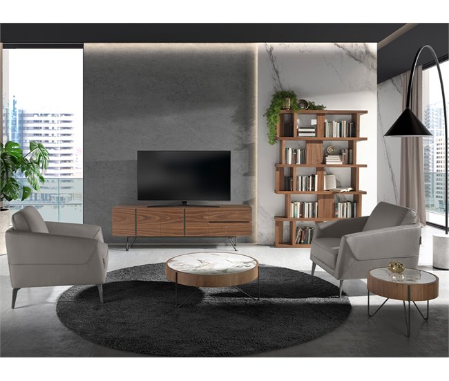 ANGEL CERDA Mesa de canto redonda em mármore porcelânico, nogueira e aço preto Branco/ Madeira