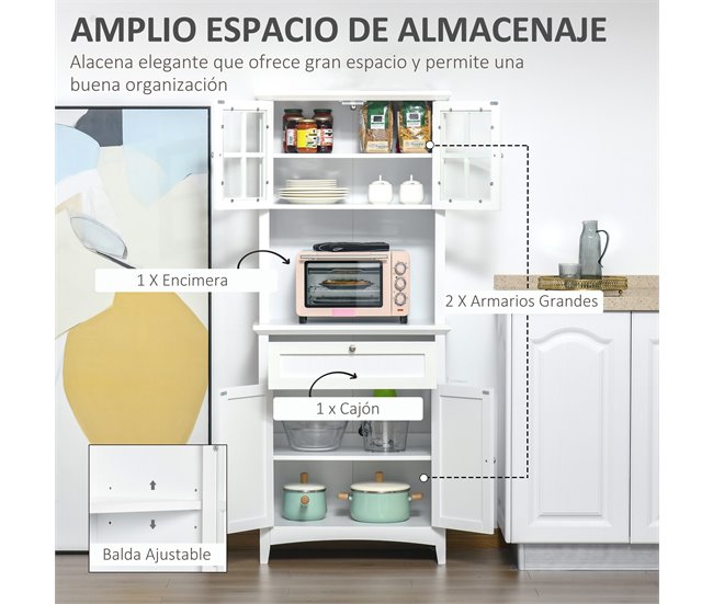 Armário de cozinha MDF, vidro temperado HOMCOM, casa - cozinha 68 Branco