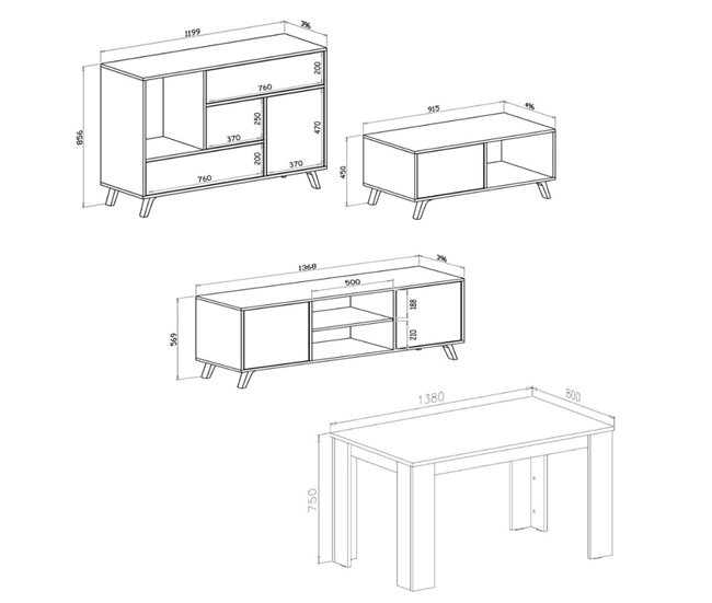 Aparador, mesa de centro, televisor 140 Carvalho
