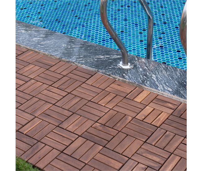 Conjunto de 10 ladrilhos Alliste click 12 ripas acácia/plástico Castanho