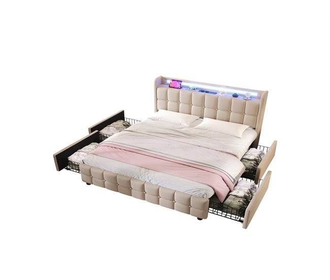 Cama de casal de madeira maciça com 4 gavetas