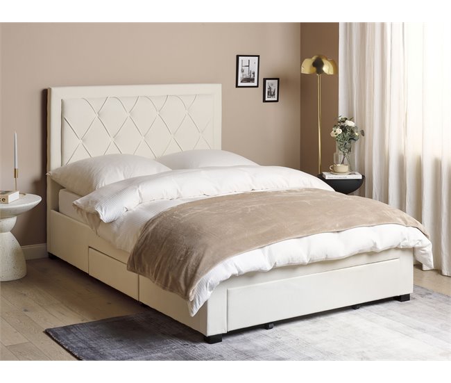Beliani Cama com armazenamento Veludo LIEVIN 145x217 Creme