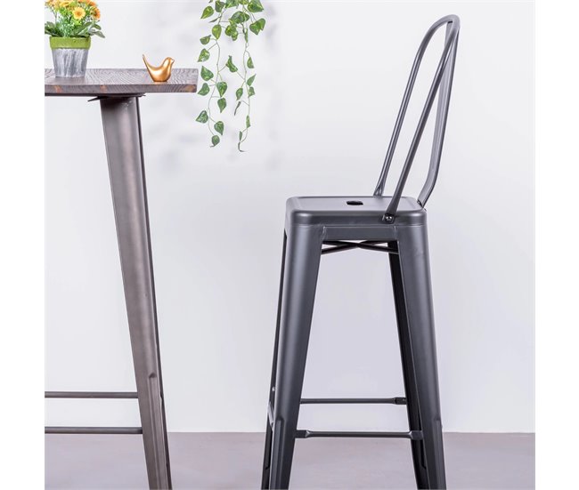 Banqueta metálica em aço lacado com encosto alto (76cm) - Bistro Preto