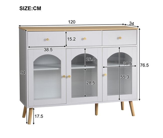 Aparador de painel de partículas com 3 portas e 3 gavetas Natural/ Branco