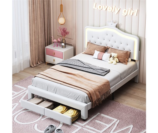 Cama, LED, cama adolescente, cama de casal, gavetas Branco