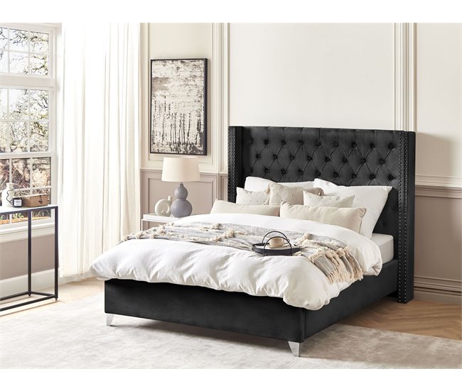 Beliani Cama com estrado Veludo LUBBON 152x215 Preto