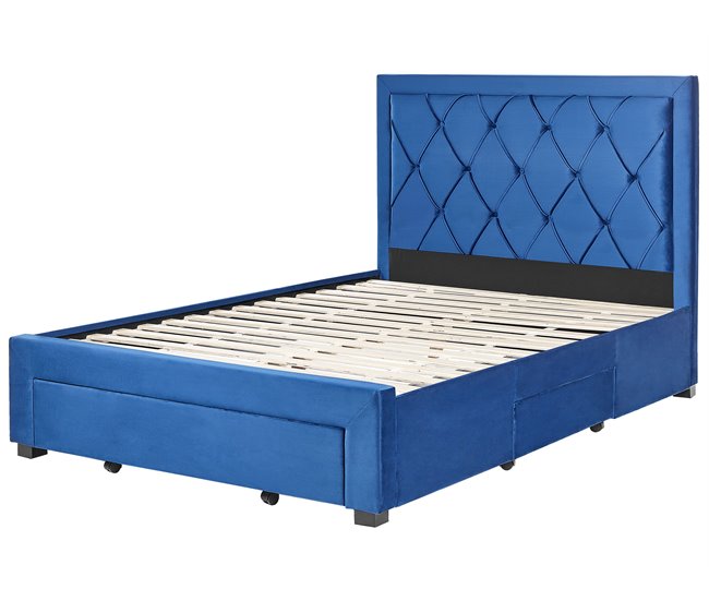 Beliani Cama com armazenamento Veludo LIEVIN 145x217 Azul Marino