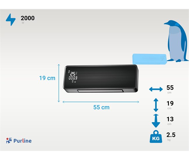 Aquecedor de parede split 2000 W com Wi-Fi e temporizador Preto